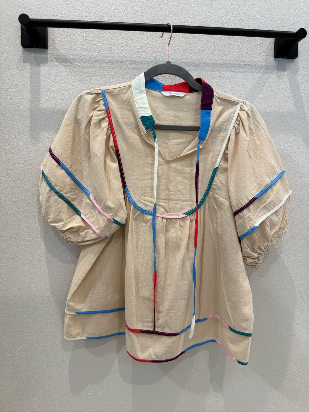Beige Puff-Sleeve Peasant Blouse with Multicolor Trim